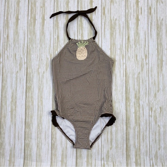 Janie & Jack Brown and White Plaid Pineapple Crochet One Piece Swimsuit - Picture 1 of 6